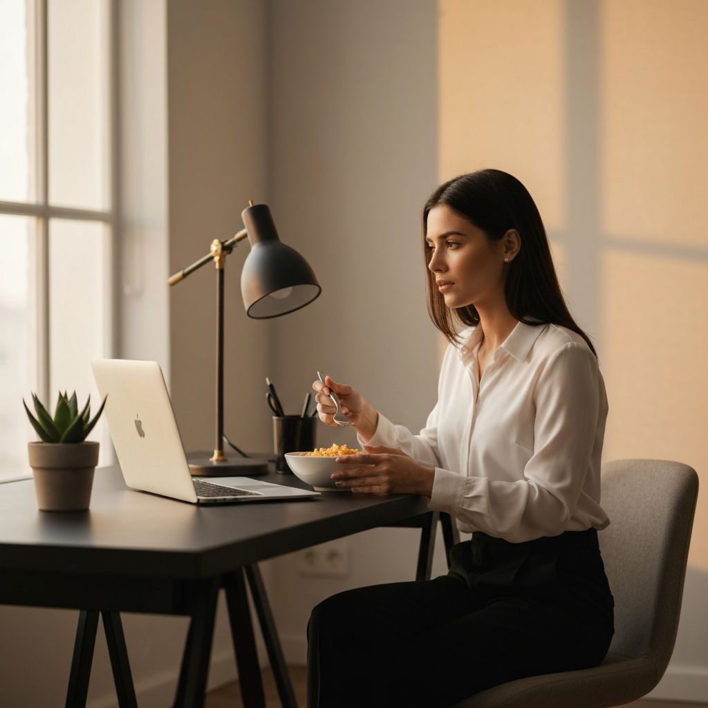 Person eating at workspace